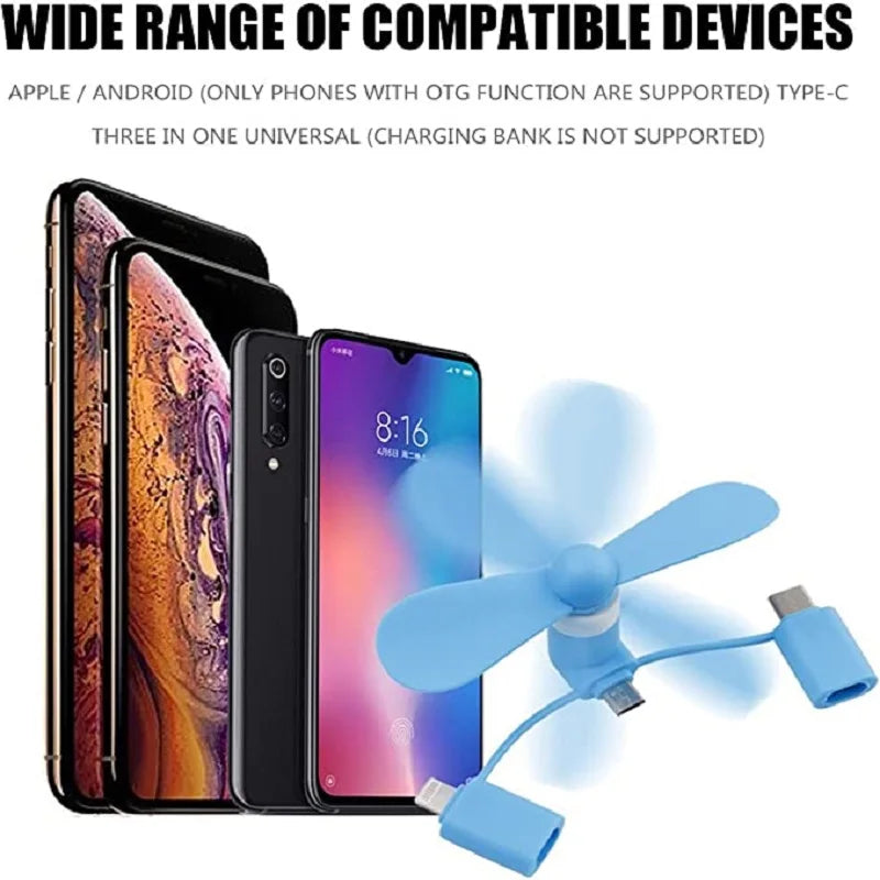 Cell Phone Fan 3-in-1 Mobile Phone Fans Compatible with iPhone/iPad/Android Smartphone KrShop